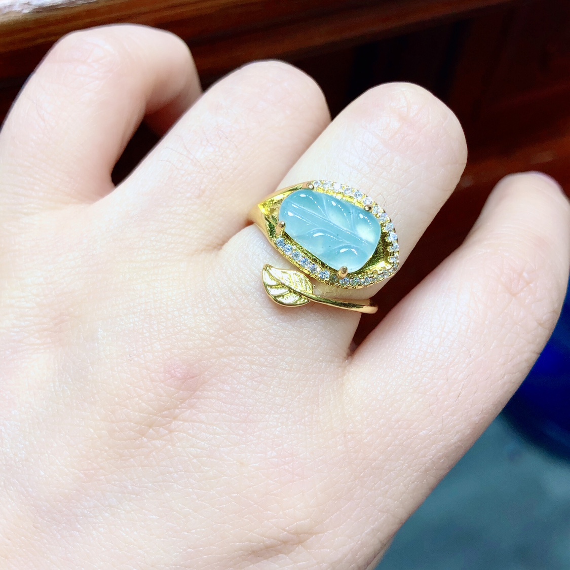 R212 天然A货翡翠叶子戒指冰蓝水活口可调节戒圈指环情侣11/6mm