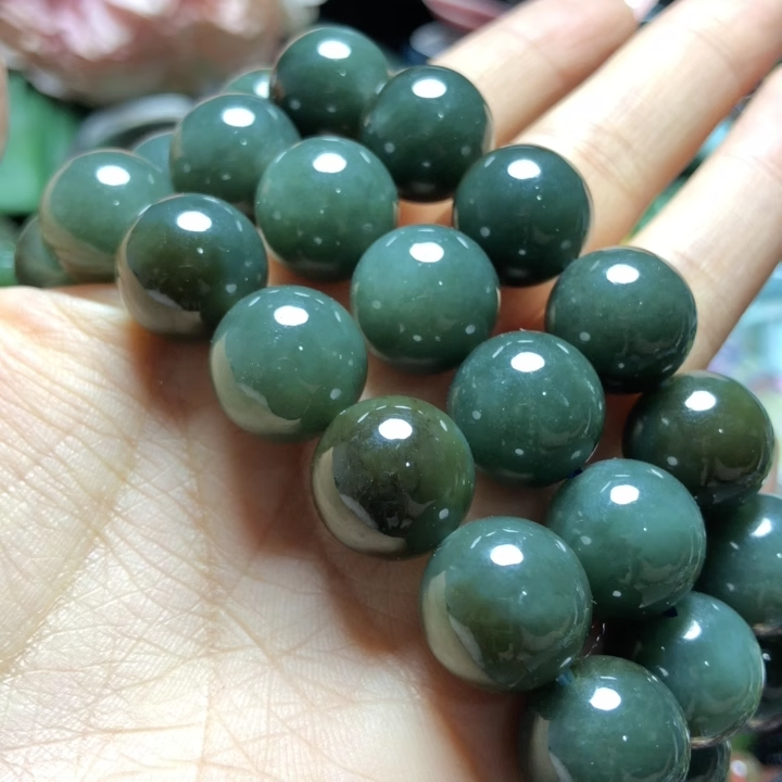 天然和田玉手链约14mm瓷蓝飘糖