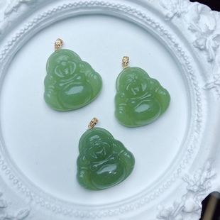 AA0069 天然和田玉黄口佛公吊坠18k金20mm新疆若羌鸡油黄弥勒佛