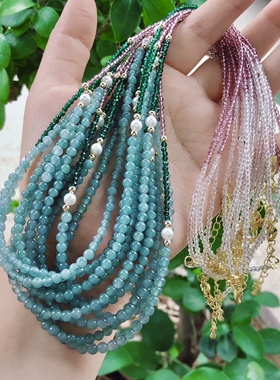 L510 天然A货翡翠万能链蓝水锁骨链项链冰透首饰礼物约4mm碎碎冰