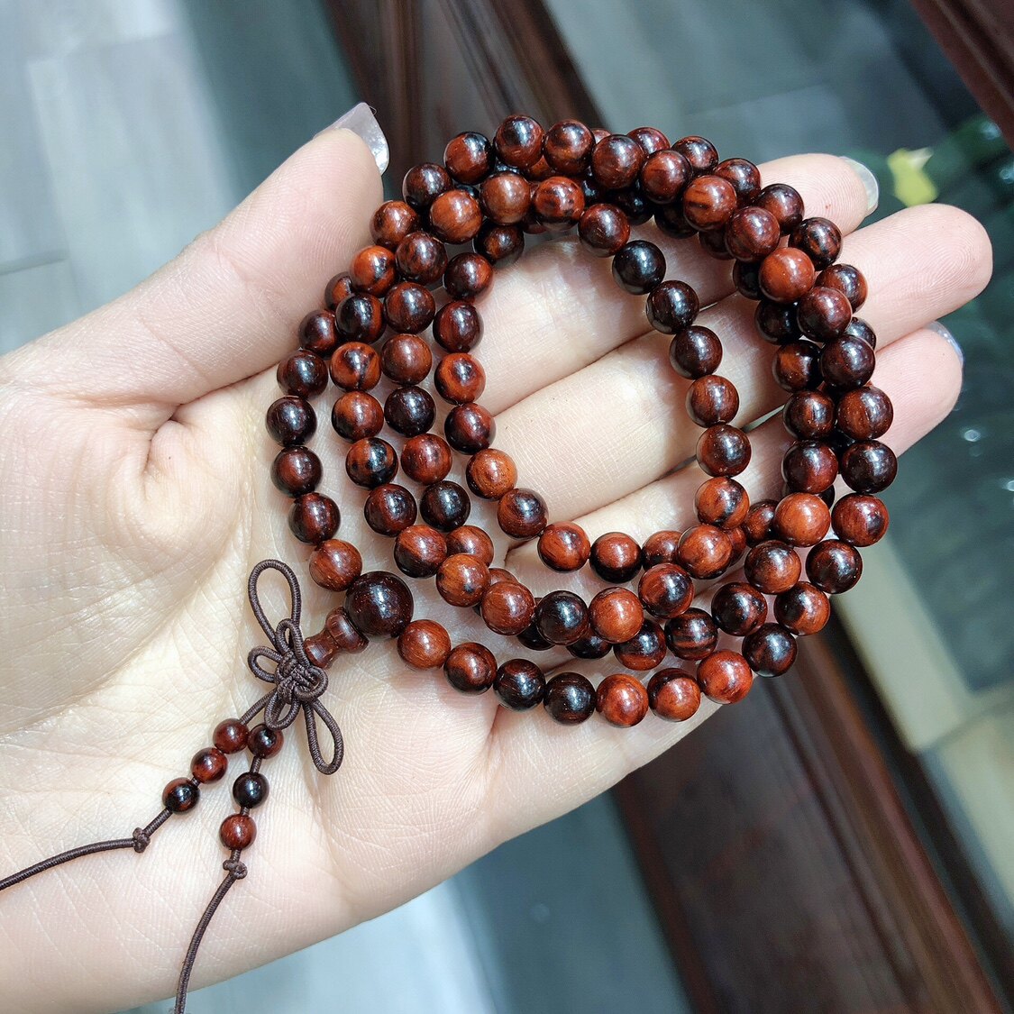 J114 印度小叶紫檀佛串泥料火焰纹多圈手串檀木木串约6mm