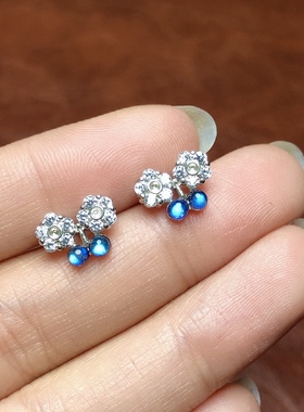 B016 天然蓝月光灯泡耳钉小花款拉长石女款耳饰蓝光强迷你2mm