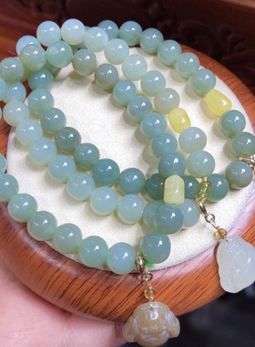 P607 天然和田玉且末蓝手链8mm单圈原创蜜蜡佛公款