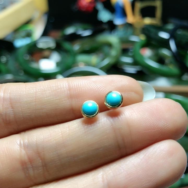 天然绿松石耳钉925银5mm高瓷高蓝