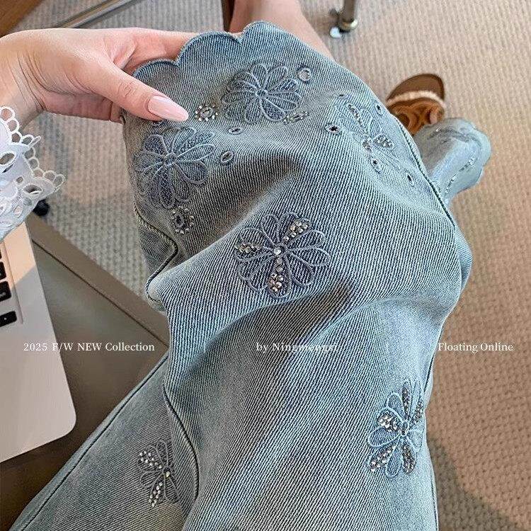 浅色复古刺绣牛仔裤女夏季薄款高腰显瘦百搭设计感九分窄版直筒裤
