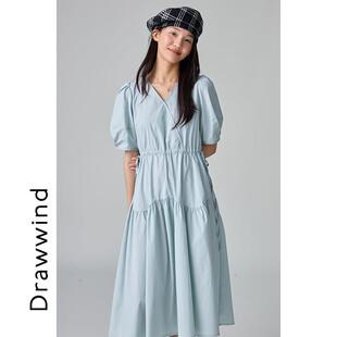 画风蓝色短袖连衣裙女新款春夏V领气质收腰显瘦法式高级感长裙