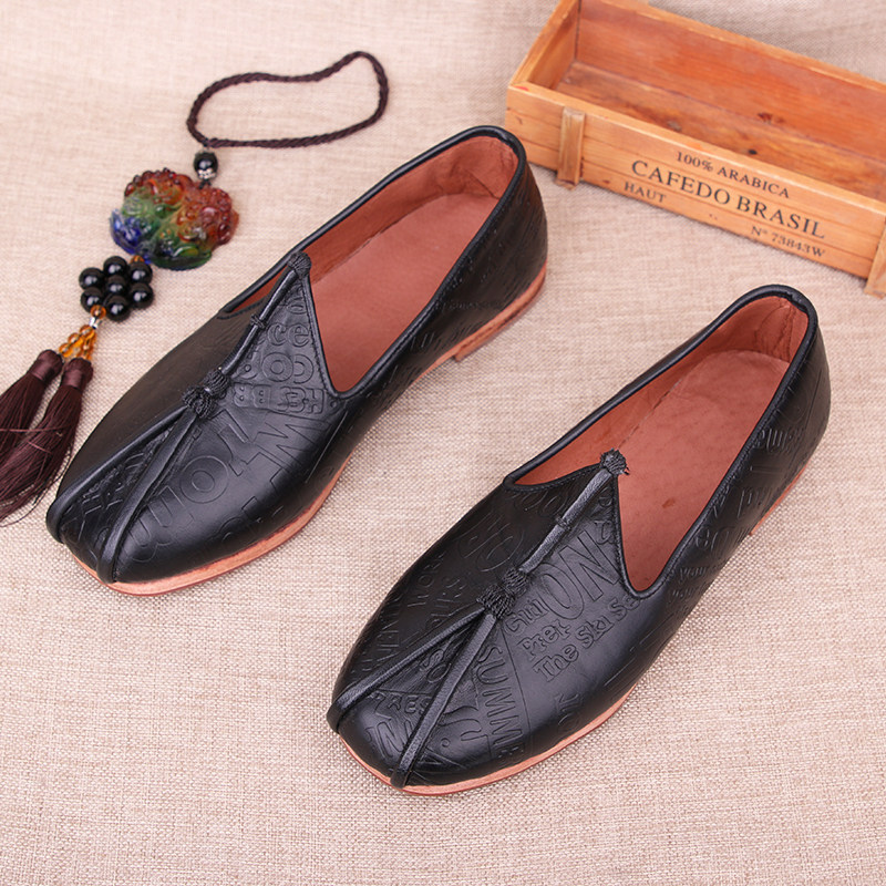 老北京布鞋男休闲皮鞋个性鹰嘴洒鞋字母压花皮全牛皮靸鞋中国风鞋