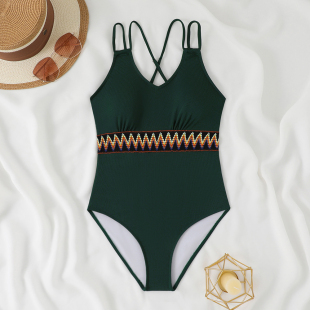 ins欧美风民族风板带坑条三角连体女泳衣one piece跨境外贸泳装