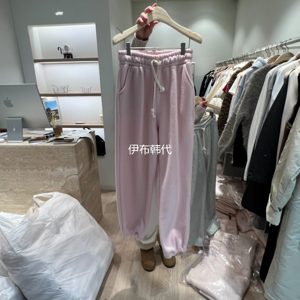 松紧腰抽绳毛呢休闲束脚长裤女