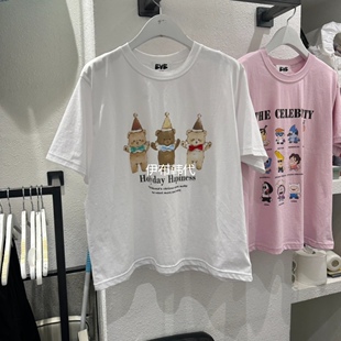 EVE韩国东大门正品代购26夏款 圆领卡通蝴蝶结小熊短袖T恤女