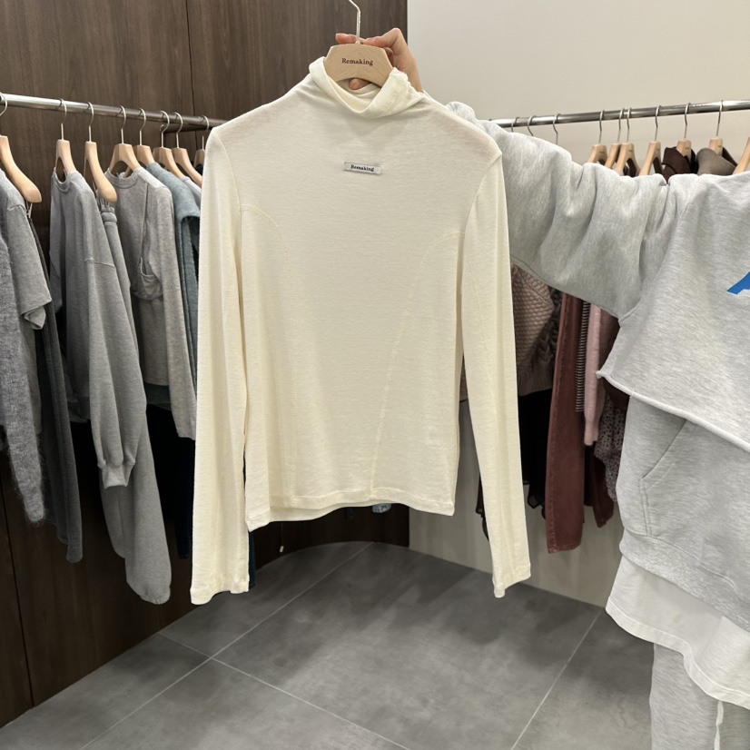 高领纯色贴标天丝羊毛打底T恤