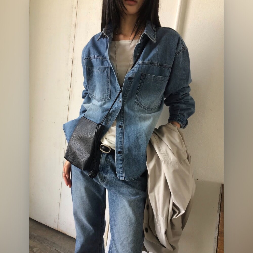 ANOU韩国东大门正品代购26秋款 翻领休闲磨白做旧基础款牛仔衬衫