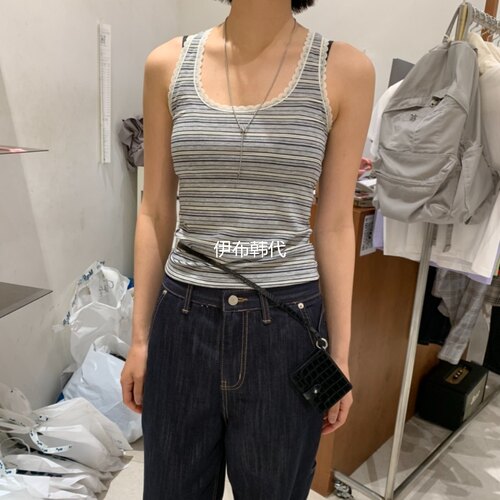 圆领休闲条纹飞边花边修身背心