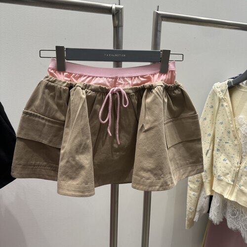 松紧腰层叠拼色腰裙裤短裙