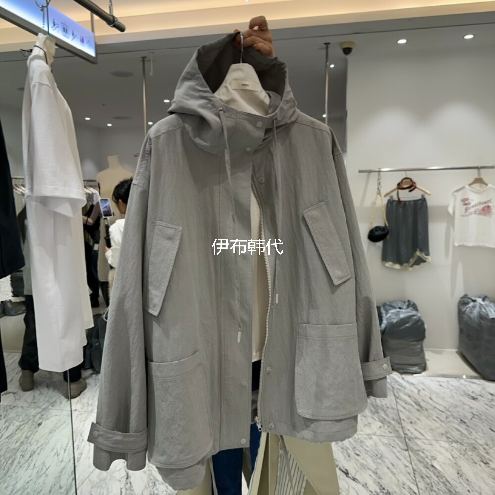 VEREN韩国东大门正品代购26春款 连帽抽绳纯色宽松风衣大衣外套