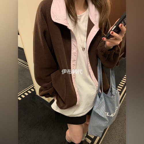 翻领纽扣毛绒摇粒绒抽绳开衫外套