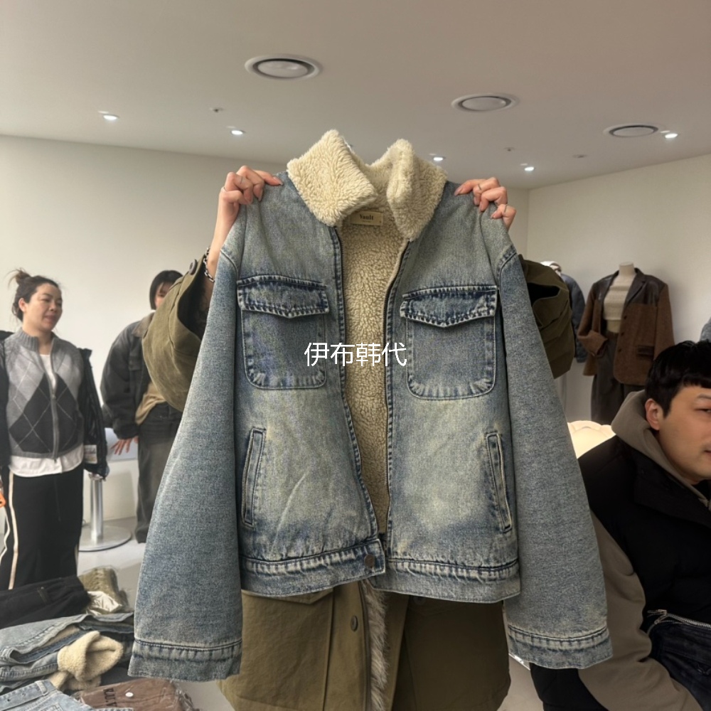 VAULT韩国东大门正品代购25冬款 仿羊羔毛领翻领磨白牛仔外套夹克