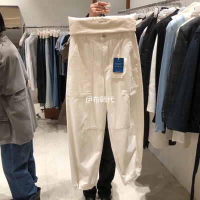 纯色休闲口袋裤脚纽扣直筒裤改