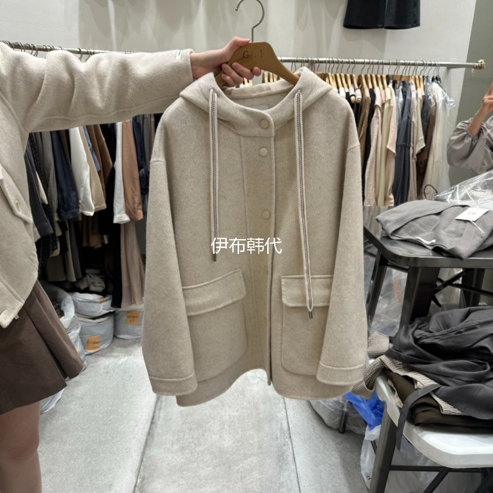 G.I-L韩国东大门正品代购25冬 连帽抽绳宽松双面羊绒毛呢大衣外套