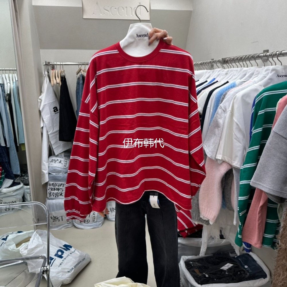 ASCEND韩国东大门正品代购26春款 圆领休闲彩色条纹宽松长袖T恤,女装/女士精品,T恤,淘宝优惠券,粉丝福利购,淘宝优惠卷