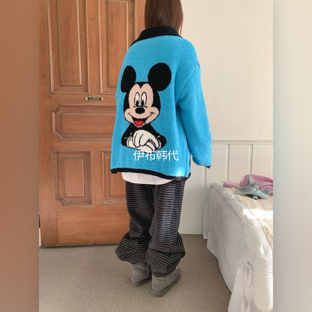 伊布 韩国东大门正品代购25冬款 翻领后背卡通老鼠半边绒家居外套