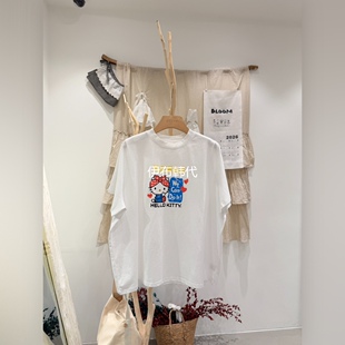 BLOOM韩国东大门正品 26春款 圆领休闲做旧卡通小猫短袖 T恤 代购