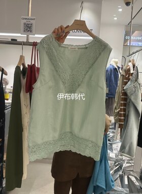V领蕾丝边花边宽松背心