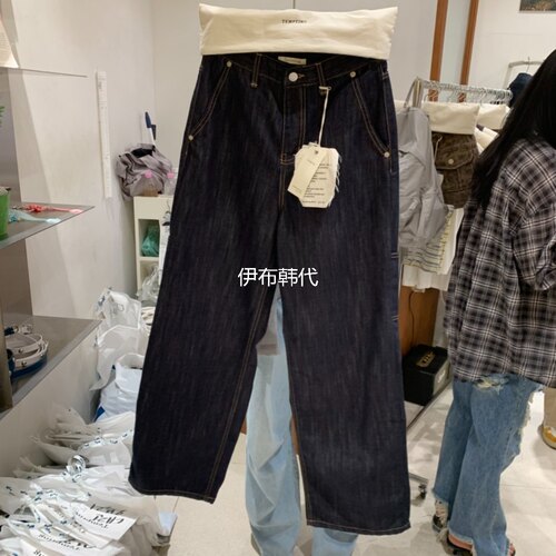 深色休闲多口袋直筒裤牛仔裤