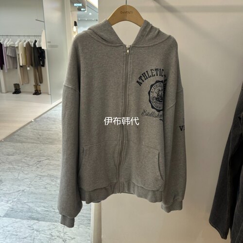 连拉链做旧字母宽松卫衣外套