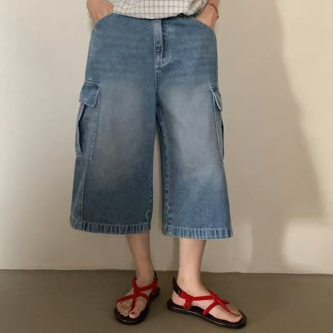 伊布 韩国东大门正品代购25夏款 磨白做旧大口袋七分裤牛仔裤女
