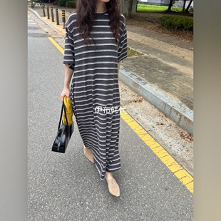 GLITTER韩国东大门代购26秋款 圆领简约条纹宽松长T连衣裙女