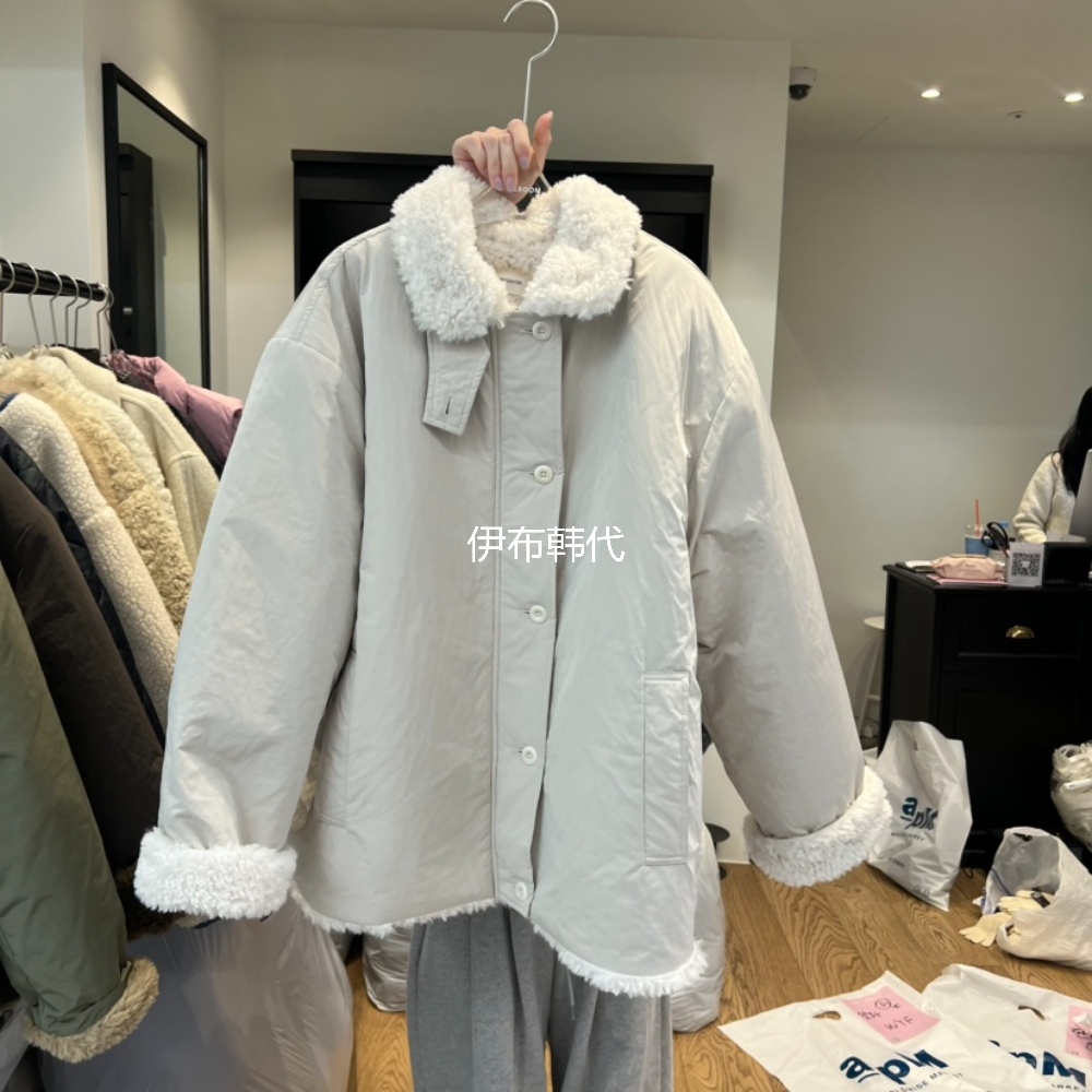 RIVEROOM韩国东大门代购25冬 翻领棉绒内里保暖宽松棉衣棉服外套