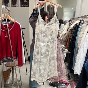 SSEMIENNE韩国东大门正品代购26春 V领透明蕾丝花朵背心裙连衣裙