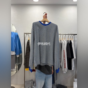 DELICATE韩国东大门代购26春款  圆领休闲细条纹拼色宽松长袖T恤