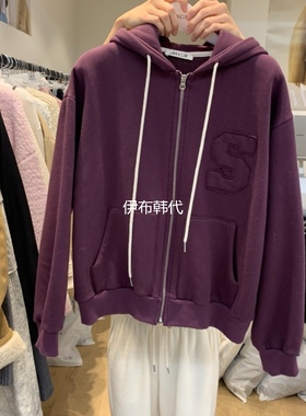 RUMIRU/AWEAR韩国东大门代购 连帽抽绳贴布字母S加绒卫衣开衫外套