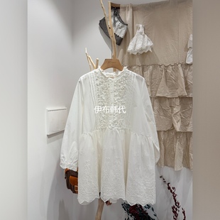 BLOOM韩国东大门正品代购26春款 圆领木耳边纯色棉质娃娃裙连衣裙