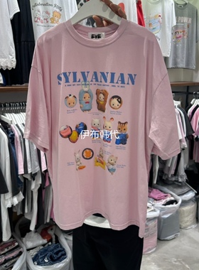 EVE韩国东大门正品代购26夏款 圆领休闲卡通小猫宽松短袖T恤女