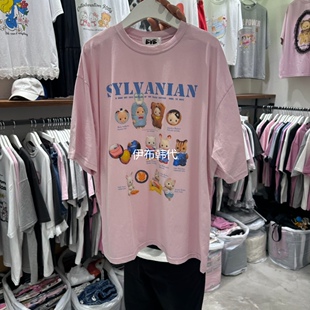 EVE韩国东大门正品代购26夏款 圆领休闲卡通小猫宽松短袖T恤女