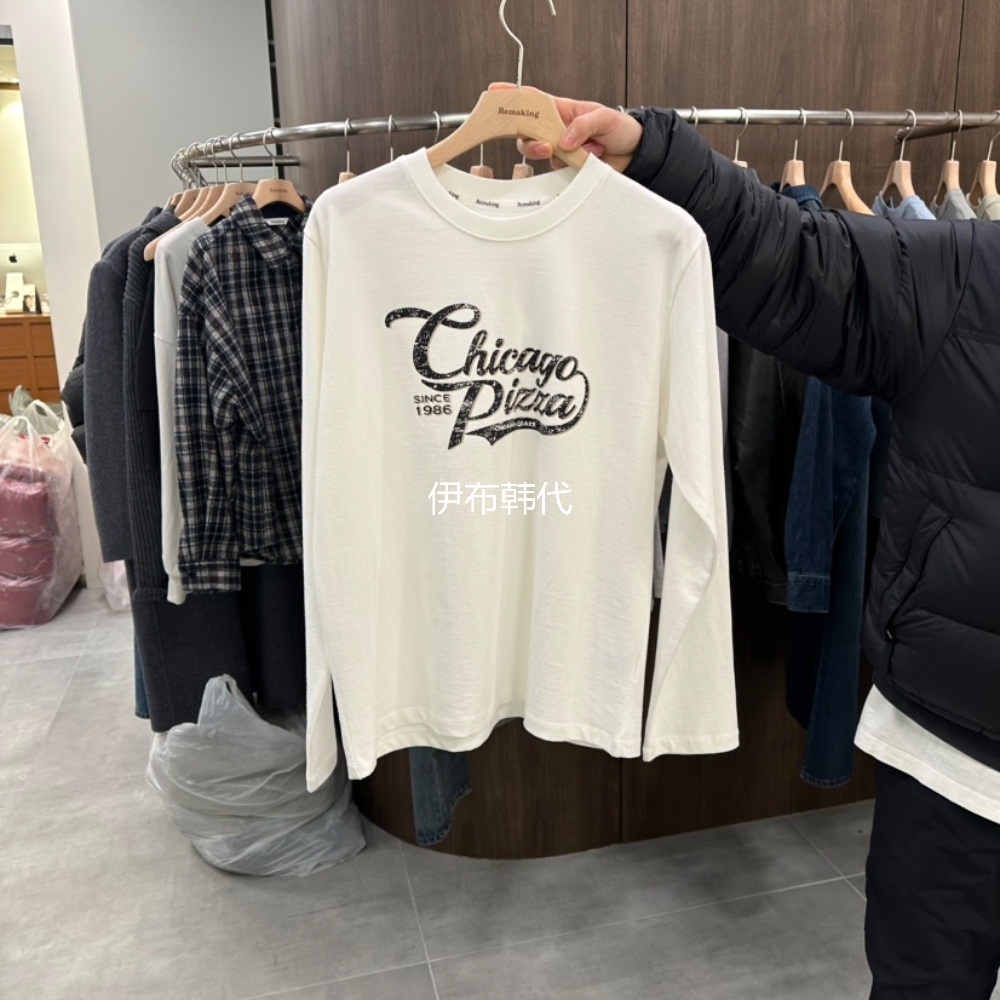 圆领休闲做旧字母宽松长袖T恤