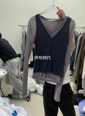 PADO韩国东大门正品代购25秋款 V领纽扣背心撞色套装两件套T恤