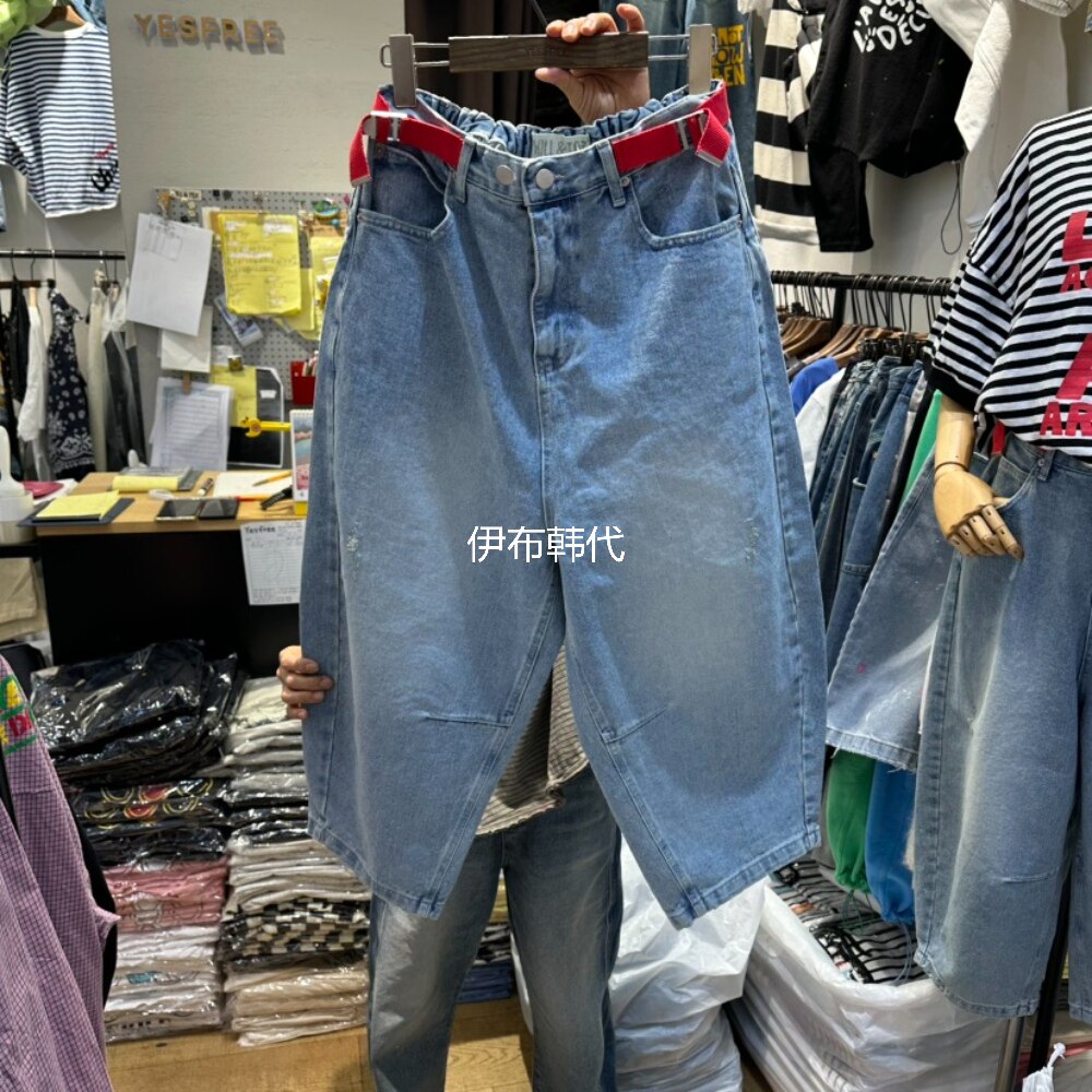 YESFREE韩国东大门正品代购26春款 红色腰带装饰宽松八分裤牛仔裤