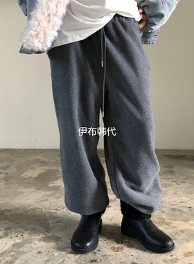 UNBOUND韩国东大门正品代购25冬款 松紧腰小字母摇粒绒束脚长裤