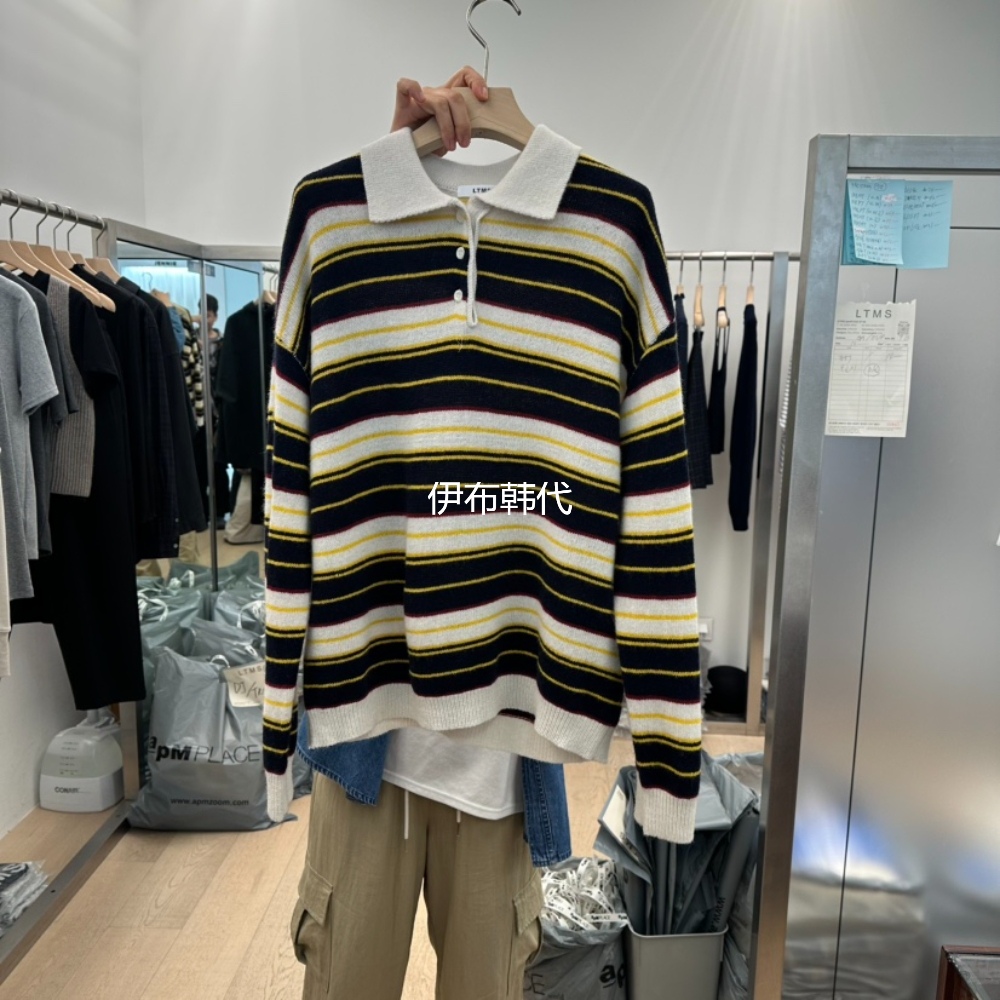 翻领休闲条纹纽扣羊毛针织衫毛衣