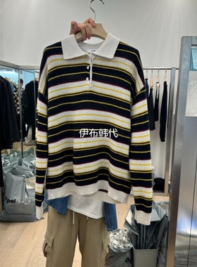 LTMS韩国东大门正品代购25秋款 翻领休闲条纹纽扣羊毛针织衫毛衣