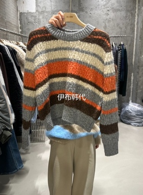 JUNI韩国东大门正品代购26春季新款 圆领休闲彩色条纹短款针织衫