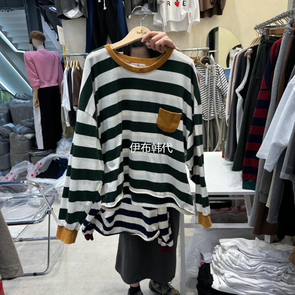 圆领休闲宽条纹口袋长袖T恤