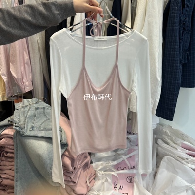 圆领薄款挂脖假两件背心T恤女