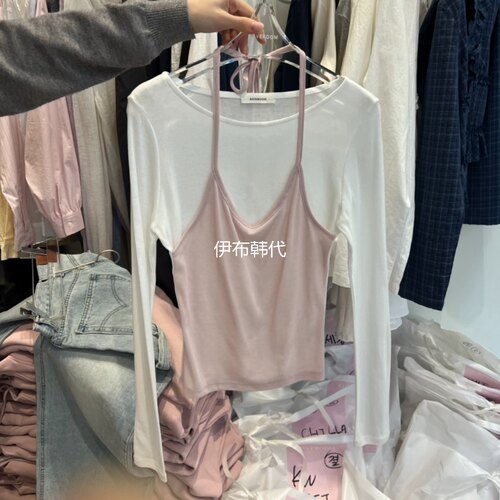 圆领薄款挂脖假两件背心T恤女