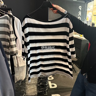 26春款 ELF L韩国东大门正品 代购 T恤 一字领休闲条纹宽松短袖