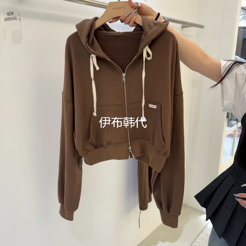 连帽拉链抽绳短款卫衣外套女